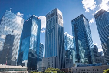 Fototapeta premium Dynamic Office Towers Beneath Bright Blue Skies in a Vibrant Financial District Showcasing Business Innovation and Growth