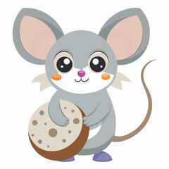 A small, light-colored mouse with large ears holds onto a large, holey piece  with white background
