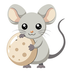 A small, light-colored mouse with large ears holds onto a large, holey piece  with white background
