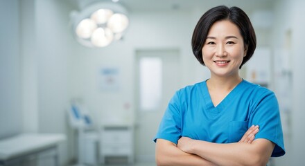 Confident healthcare worker in scrubs with crossed arms, inside a medical facility with surgical lighting overhead.