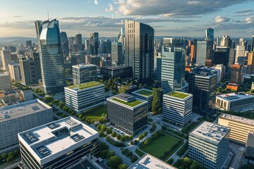 Obraz premium Stunning Aerial Perspective of Contemporary Office Buildings in Urban Skyline