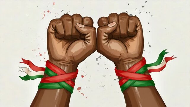 Illustrated brown fists with the flag tied around wrists rise defiantly against a splattered white background.watercolor, juneteenth mood