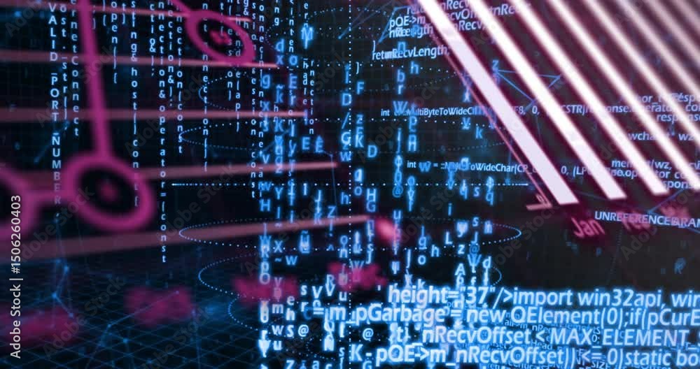 Aufkleber streaming code from grid, creating month bars, rotating pie chart forming data dashboard