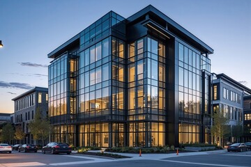 Obraz premium Modern Urban High-Performance Building Featuring Reflective Glass and Dark Metal Accents