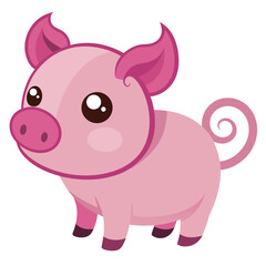 A small, pink piglet with a curly tail stands against a white background, looking to the left with white background
