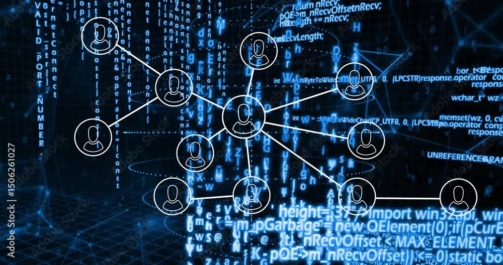 Poster upon receding grid, nodes emerging and filling icons, extending lines visualizing network