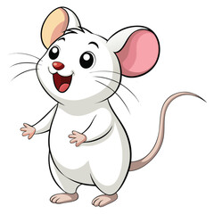 A tiny white mouse with big ears stands on its hind legs with its mouth open, appearing to be singing or squeaking with white background
