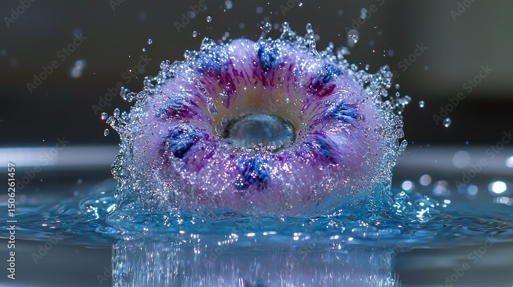 Poster flower falls into water creating a splash with dynamic motion