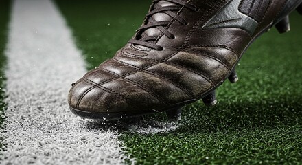 Close-up of a soccer cleat on the field, kicking over a white line. The boot is leather, textured, and the pitch is green.