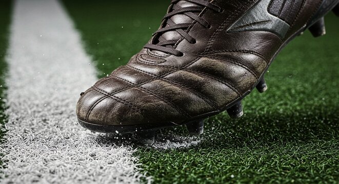 Close-up of a soccer cleat on the field, kicking over a white line. The boot is leather, textured, and the pitch is green.