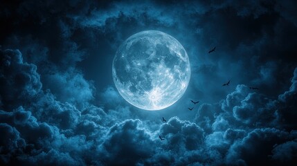 Obraz premium Glowing Full Moon with Bats Flying Through Dark Blue Cloudy Sky
