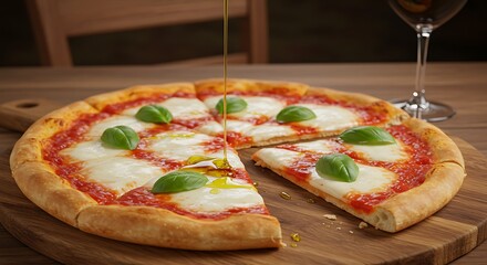 Top view of a sliced Margherita pizza served with olive oil and a glass of red wine on a rustic table