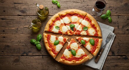 Top view of a sliced Margherita pizza served with olive oil and a glass of red wine on a rustic table