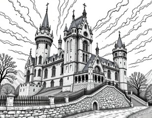Fototapeta premium A detailed black-and-white drawing of a grand, Gothic-style castle with towers, dramatic skies, and surrounding trees.