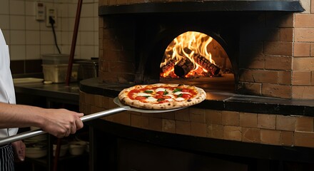 Chef pulling a Margherita pizza out of a traditional wood-fired oven, flames visible in the background
