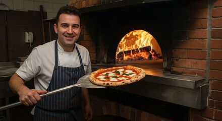 Chef pulling a Margherita pizza out of a traditional wood-fired oven, flames visible in the background