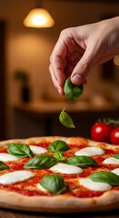 Italian-style Margherita pizza being garnished with fresh basil by hand, kitchen background blurred