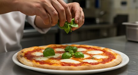 Italian-style Margherita pizza being garnished with fresh basil by hand, kitchen background blurred