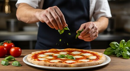 Italian-style Margherita pizza being garnished with fresh basil by hand, kitchen background blurred