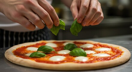 Italian-style Margherita pizza being garnished with fresh basil by hand, kitchen background blurred