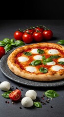Margherita pizza served on a stone plate with ingredients like tomatoes, basil, and mozzarella nearby