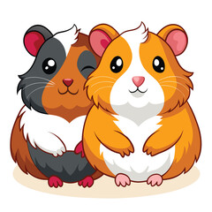 Two adorable guinea pigs with different colorings snuggle closely together 
 with white background