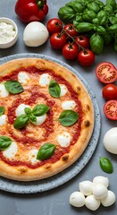 Margherita pizza served on a stone plate with ingredients like tomatoes, basil, and mozzarella nearby