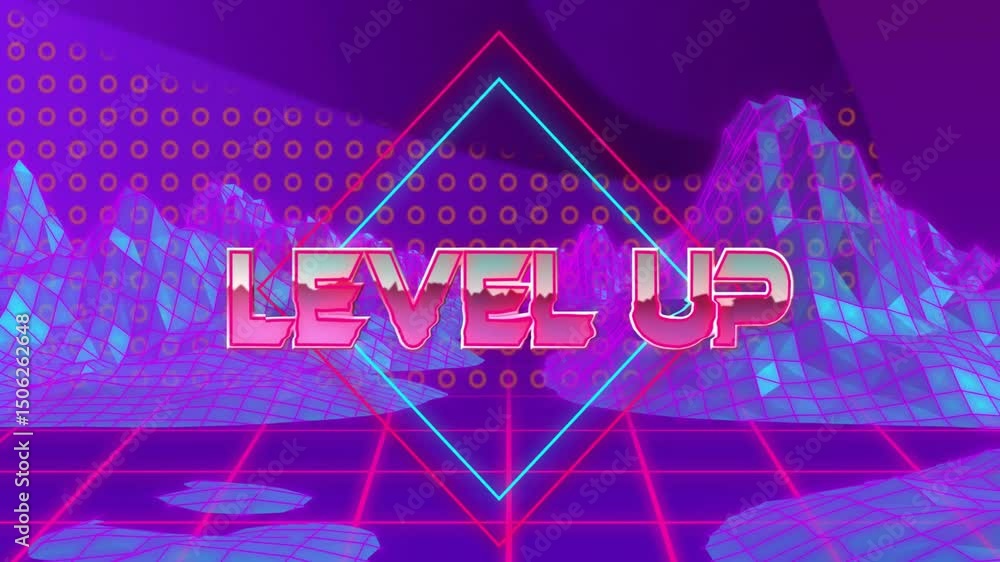 Poster grid merging into mountains sparking pink level up text fading as neon diamond celebrating progress