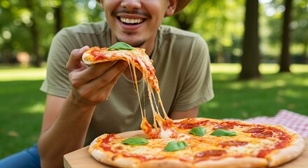 A person holding a slice of Margherita pizza with gooey cheese stretching, outdoor picnic setting