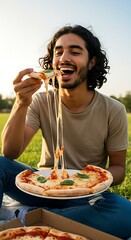 A person holding a slice of Margherita pizza with gooey cheese stretching, outdoor picnic setting