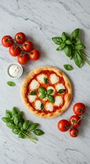 Minimalist flat lay of a Margherita pizza surrounded by fresh ingredients on a marble countertop