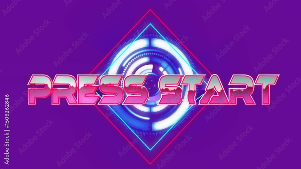 Poster on start rotating neon circle pulsing rings fading diamond showing press start text inviting input