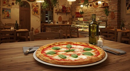 Traditional Italian pizzeria with a Margherita pizza on the table and a cozy Mediterranean ambiance
