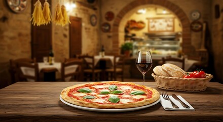 Traditional Italian pizzeria with a Margherita pizza on the table and a cozy Mediterranean ambiance