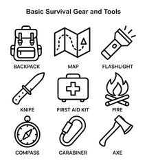 Black and White Vector Icons of Basic Survival Gear and Tools