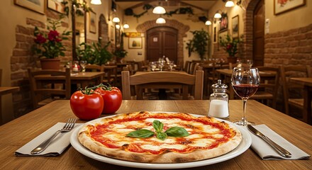 Traditional Italian pizzeria with a Margherita pizza on the table and a cozy Mediterranean ambiance