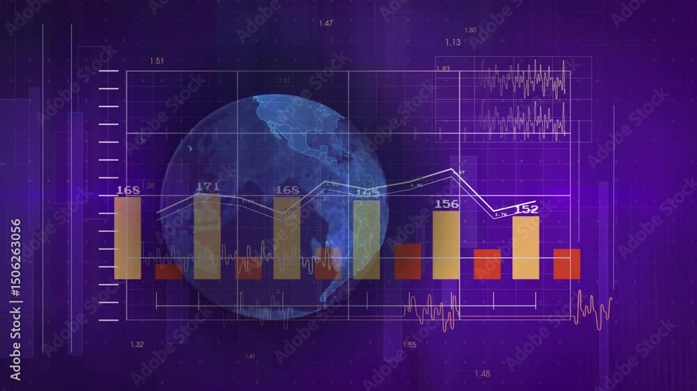 Poster opening on purple dotgrid gradient bars sliding up with globe rotating chart updating and shrinking