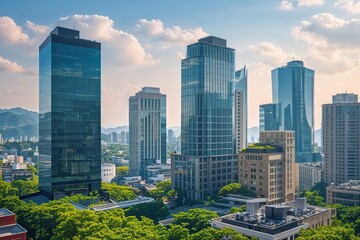 Obraz premium Stunning Urban Landscape with Striking Office Buildings and Clear Skies