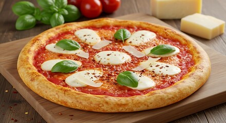 Fresh Margherita pizza on a cutting board with parmesan and chili flakes sprinkled around, ready to be served