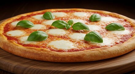 Close-up of a freshly baked Italian Margherita pizza with melted mozzarella and fresh basil leaves on a wooden board
