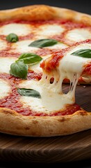 Close-up of a freshly baked Italian Margherita pizza with melted mozzarella and fresh basil leaves on a wooden board