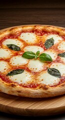 Close-up of a freshly baked Italian Margherita pizza with melted mozzarella and fresh basil leaves on a wooden board