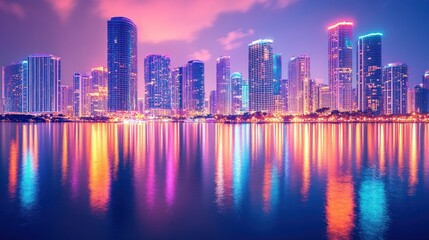 Obraz premium City Skyline Reflection on Water at Night with Colorful Lights