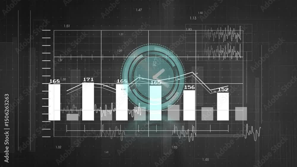 Poster clock icon fading in causing bars appearing, updating data, reshaping graph, highlighting waveform