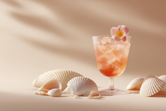 refreshing cocktail named sunny island placed elegantly on light background surrounded by beautiful seashells