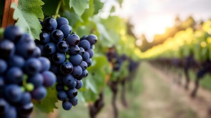 Fototapeta premium Ripe Dark Grapes Hanging on the Vine in Vineyard at Sunset