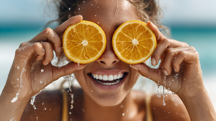 A pretty woman comes out of the water and covers her eyes with orange slices