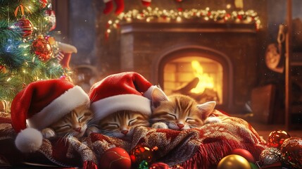 Cozy Christmas: Sleeping kittens with Santa hats beside a warm fireplace