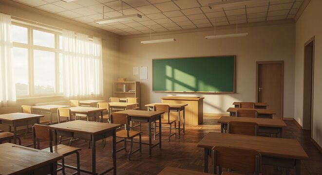 Empty Classroom with Sunlight Streaming Through the Windows