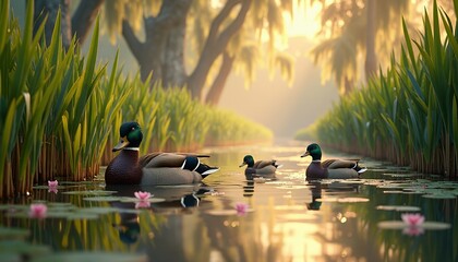 Mallard Ducks at Sunrise in a Serene Pond